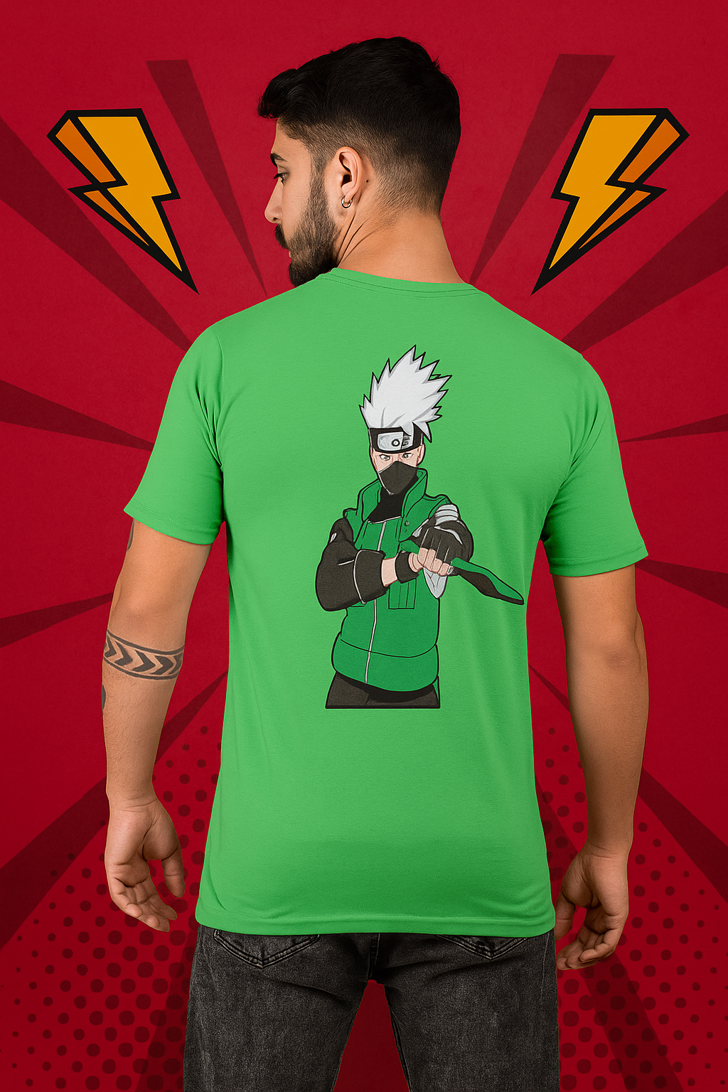 A green t-shirt with a print of Kakashi Hatake