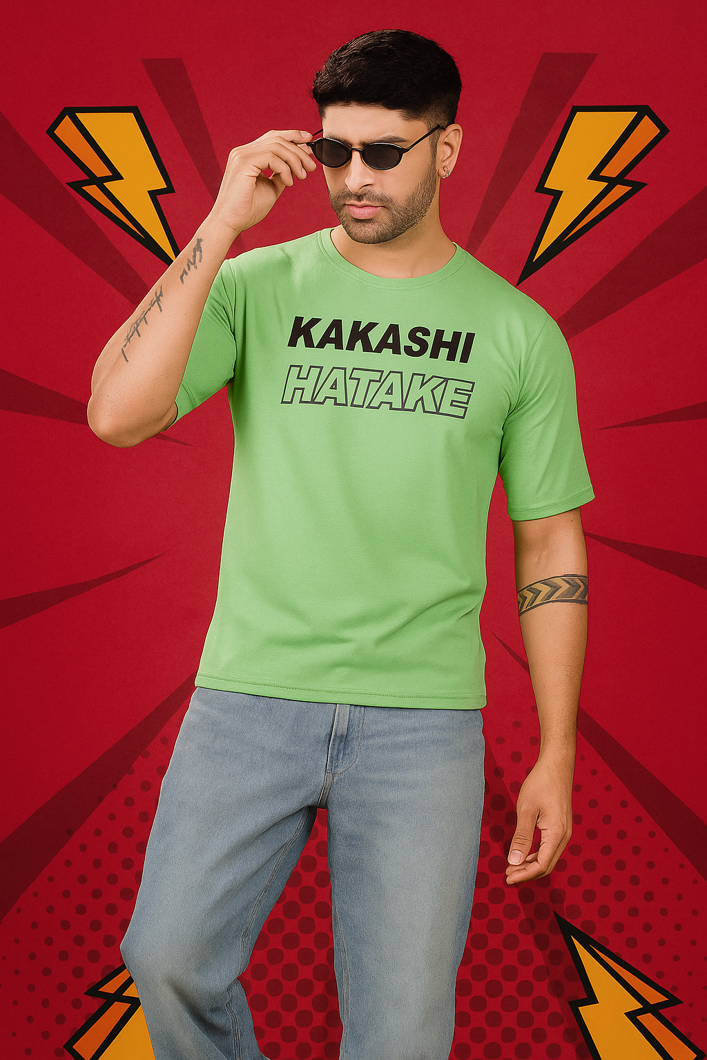 A green t-shirt with a print of Kakashi Hatake
